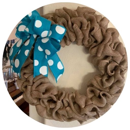 Burlap 18" wreath with blue & white polka dot bow